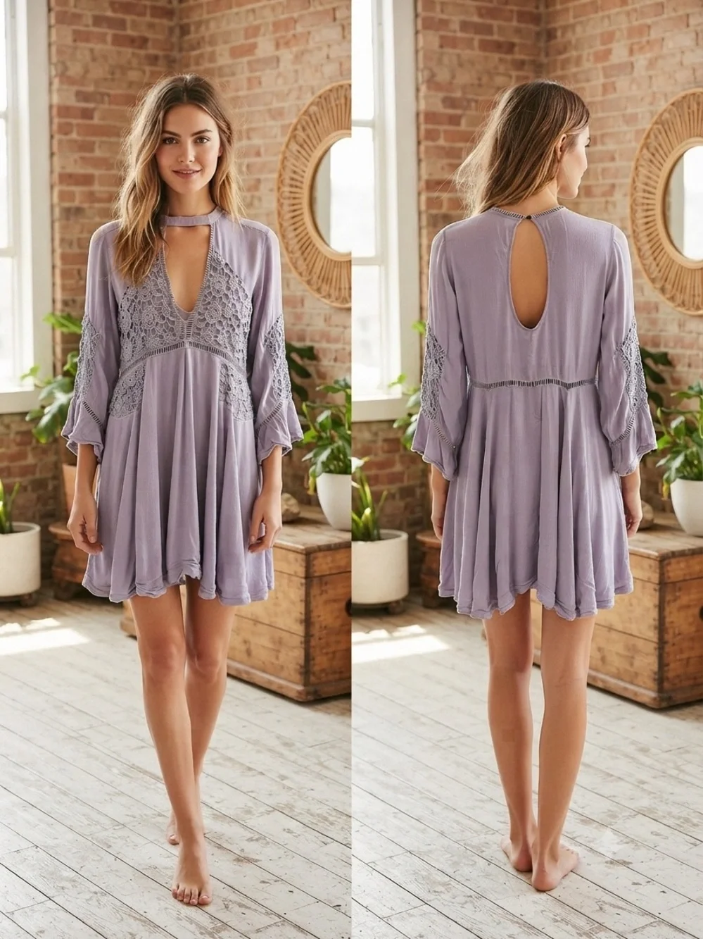 Free People Lilac Crochet Lace Tunic Dress Boho Small